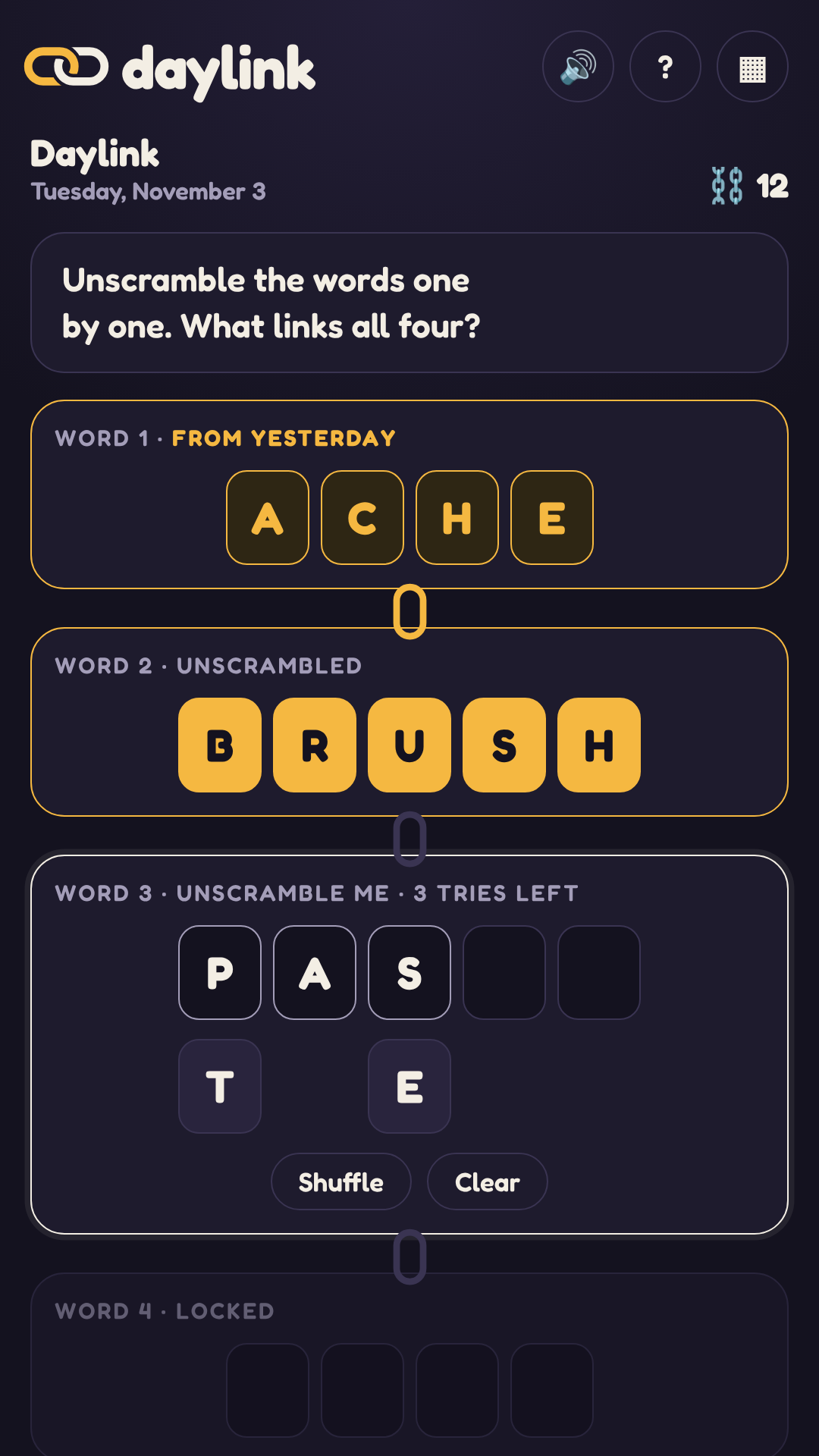 Unscrambling the words one at a time: BRUSH solved in gold, PASTE halfway