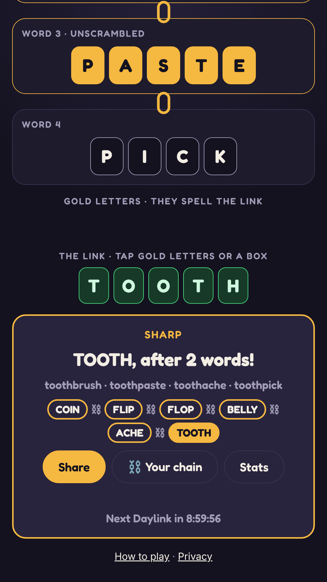Solved: TOOTH after 2 words, with the result card